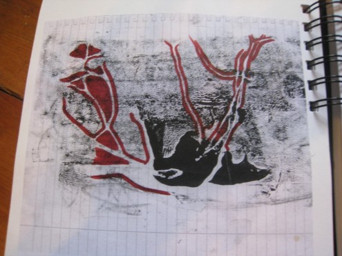 This is a smaller version of a monoprint I created. I copied it, and then drew into it with red permenant marker.